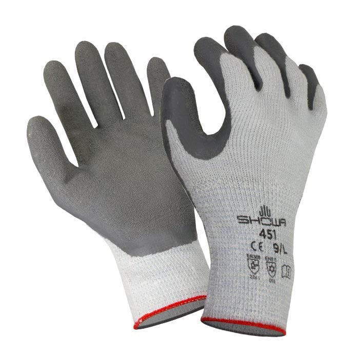 Showa Thermo Grip Handschuhe, grau und weiß, mit schwarzer Beschichtung auf Handinnenflächen und Fingern, Größe 9/L, Herstellername und Prüfzeichen auf dem Handrücken sichtbar