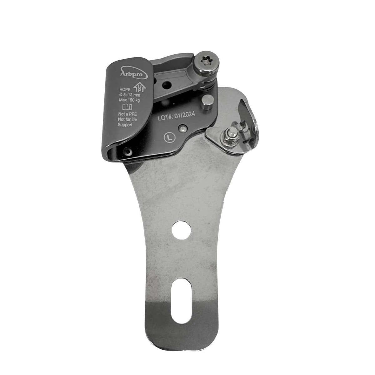 Gemini Spurs Left, Metallsporn mit schwarzem Mechanismus, auf dem "Arbpro" und weitere technische Angaben aufgedruckt sind