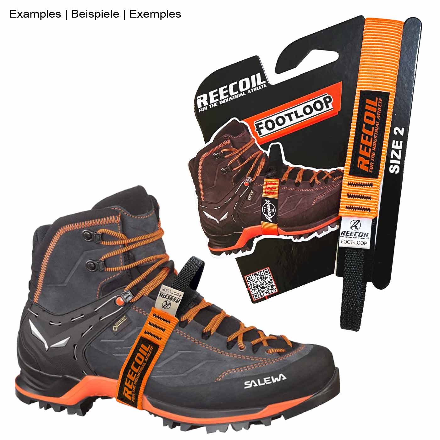 Foot Loop 2 von Reecoil, orangefarbene Fußschlaufe an einem schwarzen Salewa-Bergschuh befestigt, Verpackung im Hintergrund