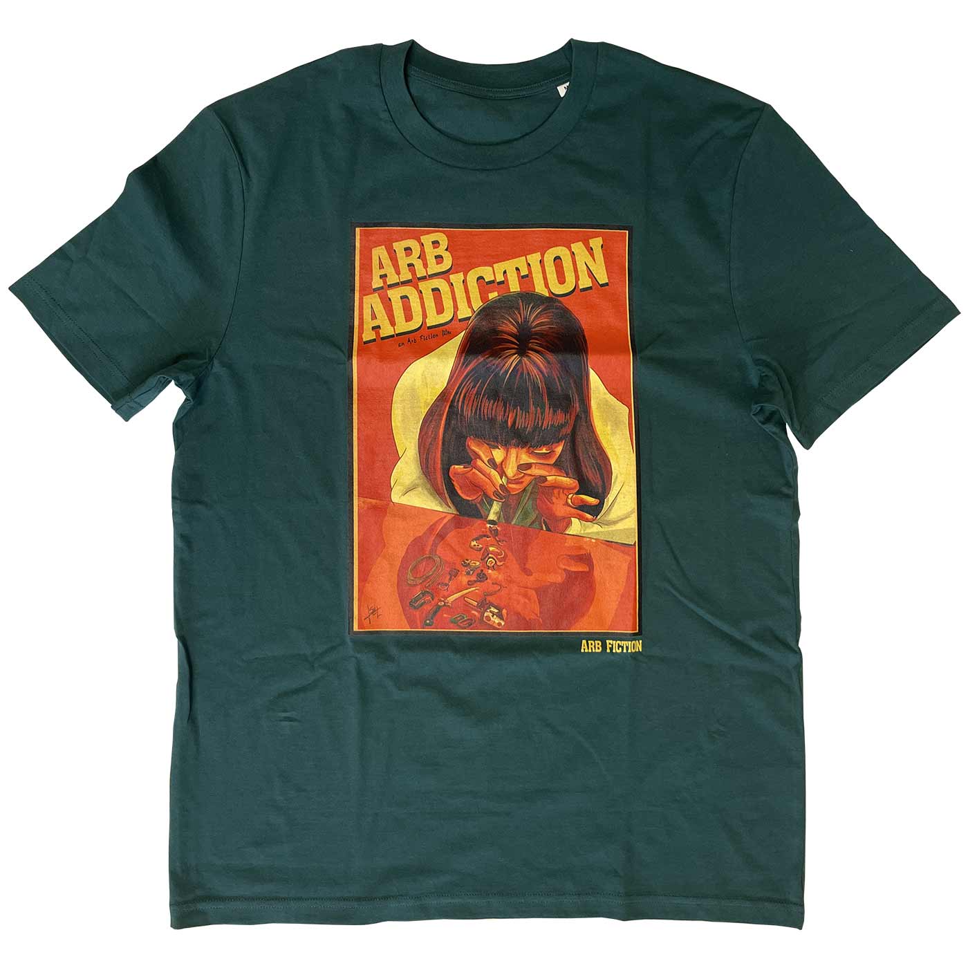 Arb Addiction T-Shirt in Dunkelgrün mit großem, farbigem Frontdruck einer Frau und dem Text "ARB ADDICTION"