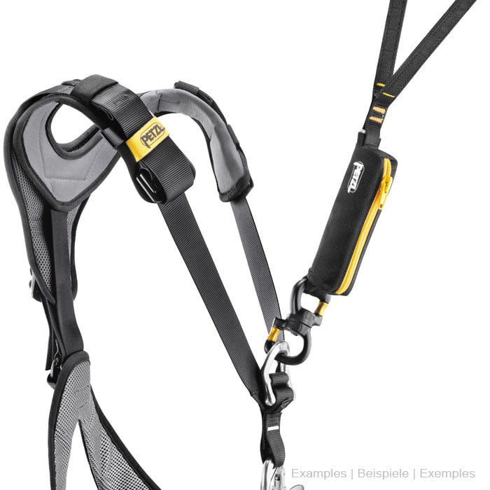 Klettergurt von Petzl in Schwarz mit gelben Details und verschiedenen Gurten