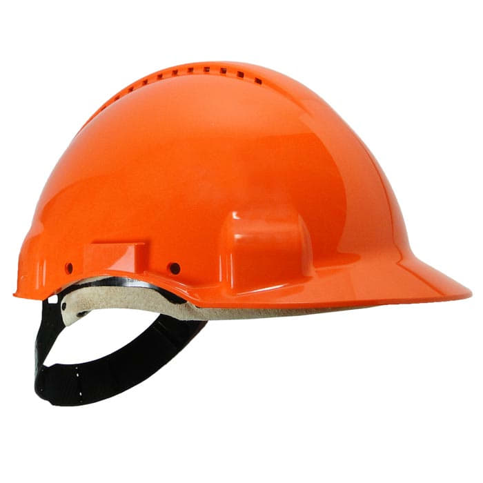 G3000 oranger Schutzhelm mit schwarzem Innenriemen und Belüftungslöchern oben
