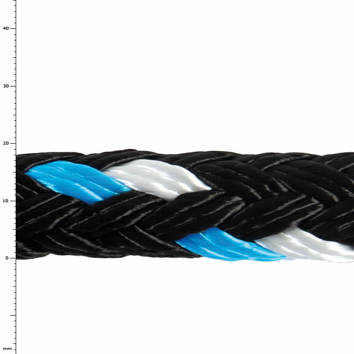 GEFA 4 t PA blau, Nahaufnahme eines geflochtenen Seils in den Farben Schwarz, Blau und Weiß