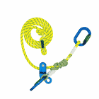 miniGLIDE gelbes Seil mit blauem Karabiner und blauer Umlenkrolle, grüne Schlaufe und Knoten
