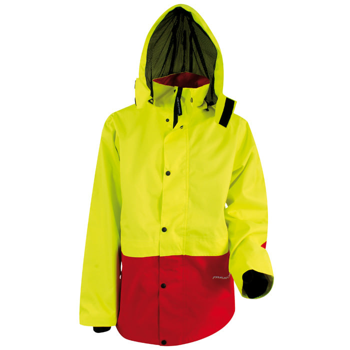 Saugues Parka, gelb-rot, mit Kapuze und schwarzen Knöpfen