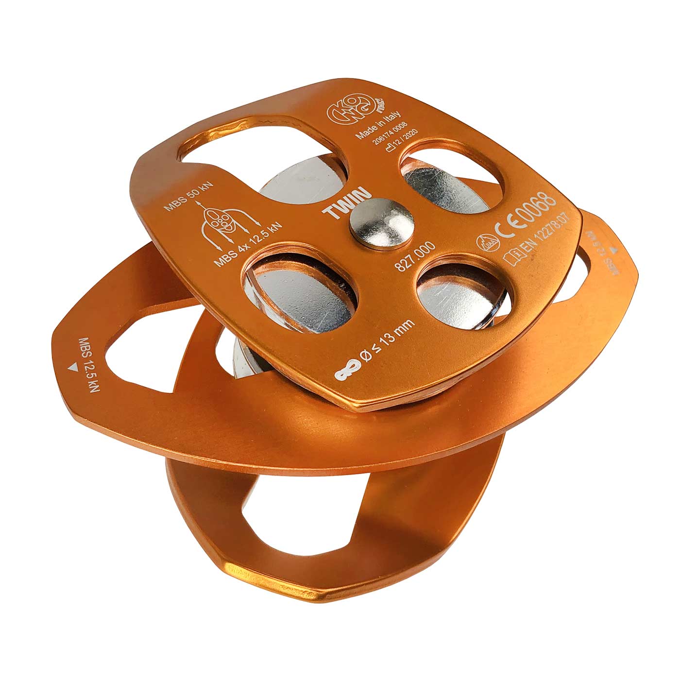 Extra Double KONG Italien Seilrolle in Orange mit zwei Rollen, leicht schräg von oben fotografiert