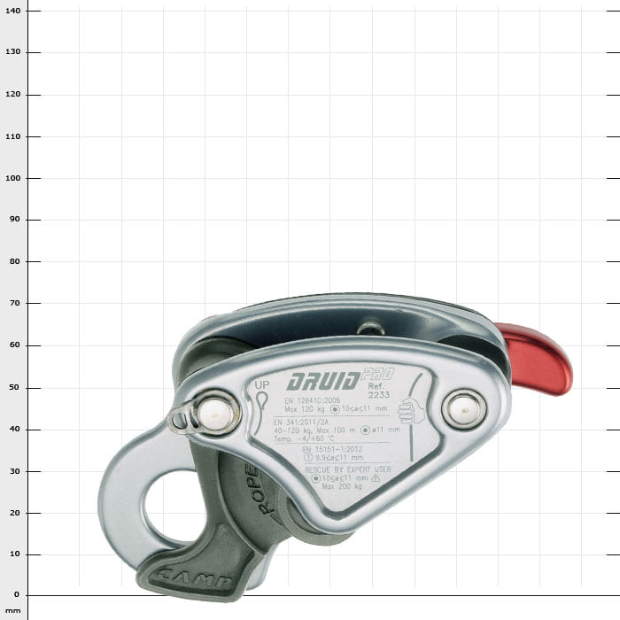 Druid Pro von CAMP Safety, silbernes Gerät mit rotem Hebel und Text auf der Vorderseite