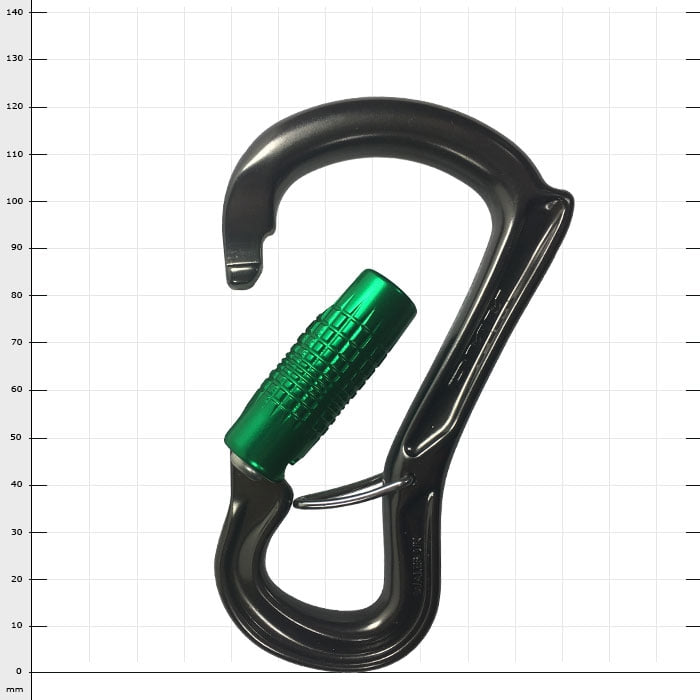 Ceros Locksafe Karabiner mit grünem Schraubverschluss und schwarzem Metallkörper, geöffnet