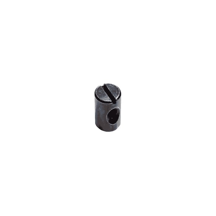 Tri-Guard T-Verbinder, kleiner zylindrischer Metallverbinder mit Schlitzschraube oben und seitlichem Loch.