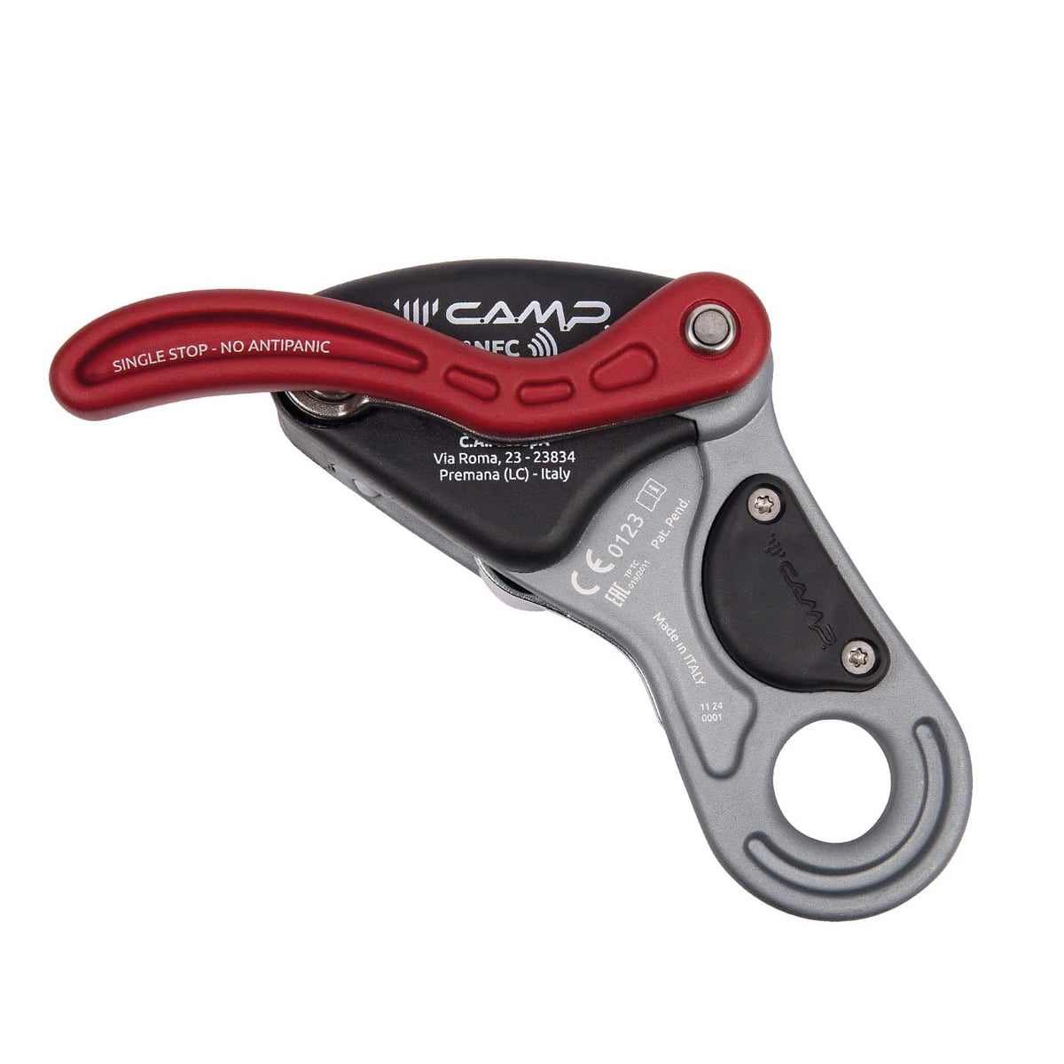 Klettergerät Wizard Pro von CAMP mit rotem Hebel und grauem Metallgehäuse, Text "SINGLE STOP - NO ANTIPANIC" auf dem Hebel