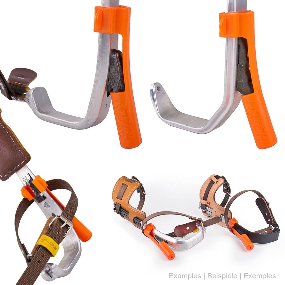 Mehrere Gaff Guardian II Schutzkappen von Notch, orangefarben, an Metallgeräten mit braunen Lederriemen befestigt