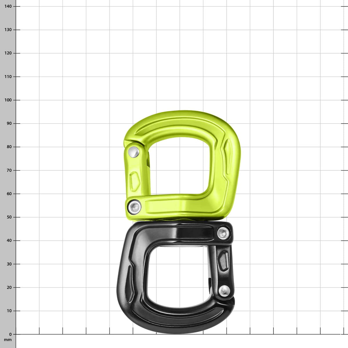Zwei Karabinerhaken, oben grün, unten schwarz, Produktname Cupid Swivel sichtbar