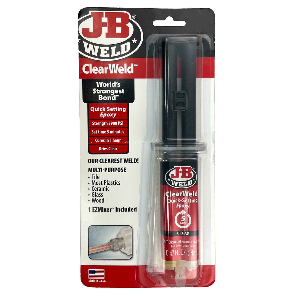 JB Weld ClearWeld Quick-Setting Epoxy in einer transparenten Kunststoffverpackung mit rotem und schwarzem Design, sichtbarem Dosiergerät und Aufschrift "World's Strongest Bond" sowie weiteren Produktinformationen