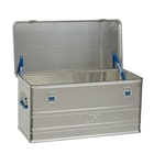 Alubox Comfort 92, geöffnete silberne Aluminiumbox mit blauen Haltebändern und Griffen, Hersteller ALUTEC