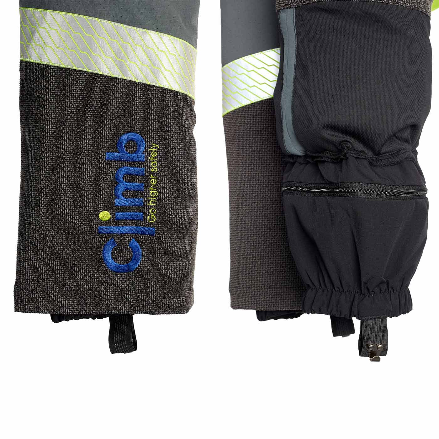 Detailaufnahme der unteren Hosenbeine der Climb Schnittschutzhose mit reflektierendem Streifen, gesticktem "climb" Logo in Blau und Gelb und elastischem Beinabschluss mit Hakenverschluss