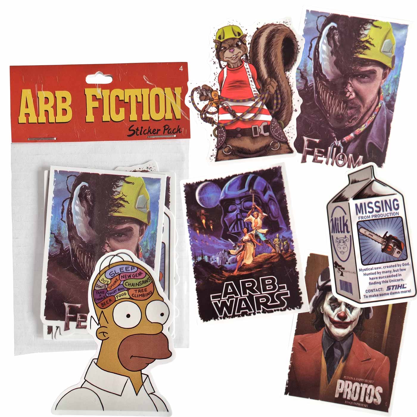 ARB Fiction Pack Vol. 4 Sticker Pack mit mehreren bunten Aufklebern, darunter ein Eichhörnchen mit Helm, ein halber Venom mit Bauhelm, ein Homer Simpson Kopf mit Gedankenblasen, ein ARB WARS Poster, eine Milchpackung mit Motorsäge und ein Joker mit rotem 