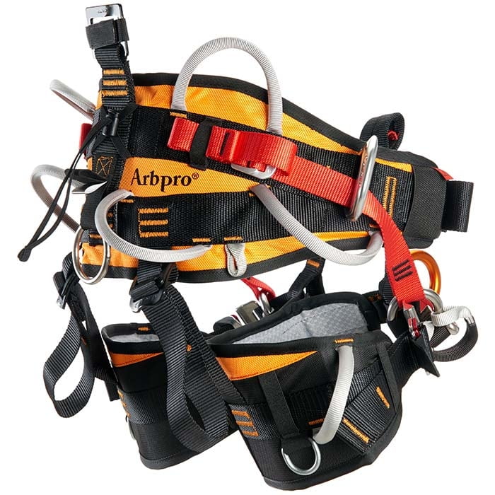Klettergurt Tree Access 3.1 in Schwarz, Orange und Rot mit grauen Schlaufen, mehreren Metallringen und Schnallen, Herstellername Arbpro sichtbar