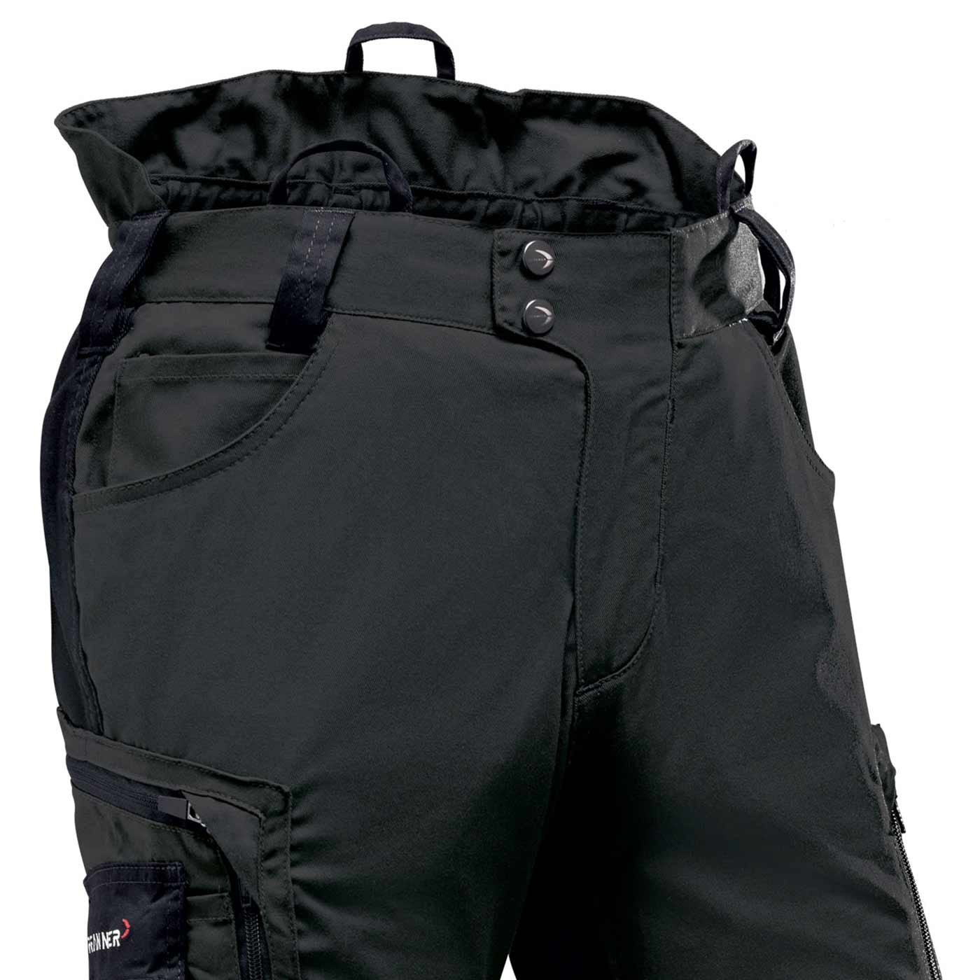 StretchFlex® Cancool Hose schwarz, Nahaufnahme der oberen Hälfte mit Gürtelschlaufen, Taschen und zwei Druckknöpfen am Bund