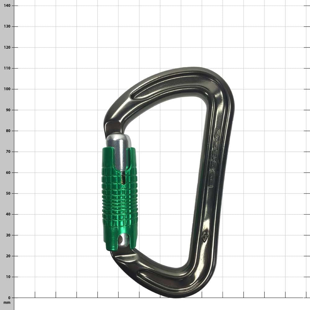 Zodiac Karabiner mit grünem Schraubverschluss, silberfarbener Metallrahmen mit Gravur "Zodiac"