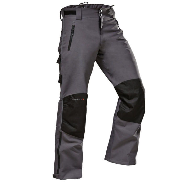 Nanoshield® Regenhose, graue Hose mit schwarzen Knieeinsätzen und Reißverschlusstasche am rechten Bein