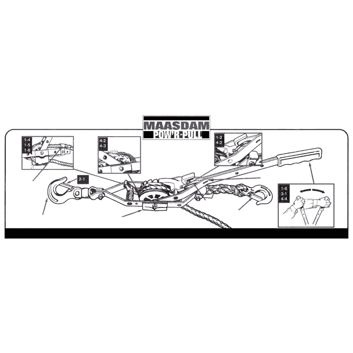Schwarz-weiße technische Zeichnung eines Rope Pullers mit der Aufschrift "MAASDAM POWER PULL" und mehreren Detailansichten von Haken, Hebel und Seilenden