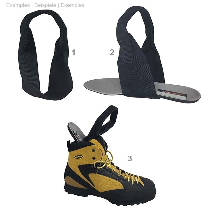 Schwarz gefärbte Schuhschlaufe aus robustem Stoffmaterial, Produktname Schuhschlaufe, dargestellt in drei Bildern mit Nummerierung 1 bis 3, in einem Bild mit einer Schuhsohle und zwei Schlaufen, in einem Bild mit einer Bergsteigerschuh und einer Schlaufe