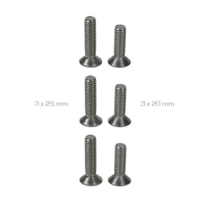 Quickstep Spurs von Arbpro, sechs silberne Schrauben unterschiedlicher Länge, beschriftet mit 3 x 25 mm und 3 x 20 mm