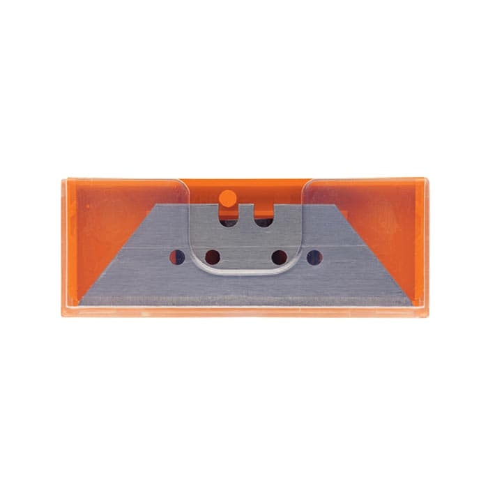 Löwe 3 Klingen-Set, eine orangefarbene Kunststoffbox mit einer sichtbaren Metallklinge darin