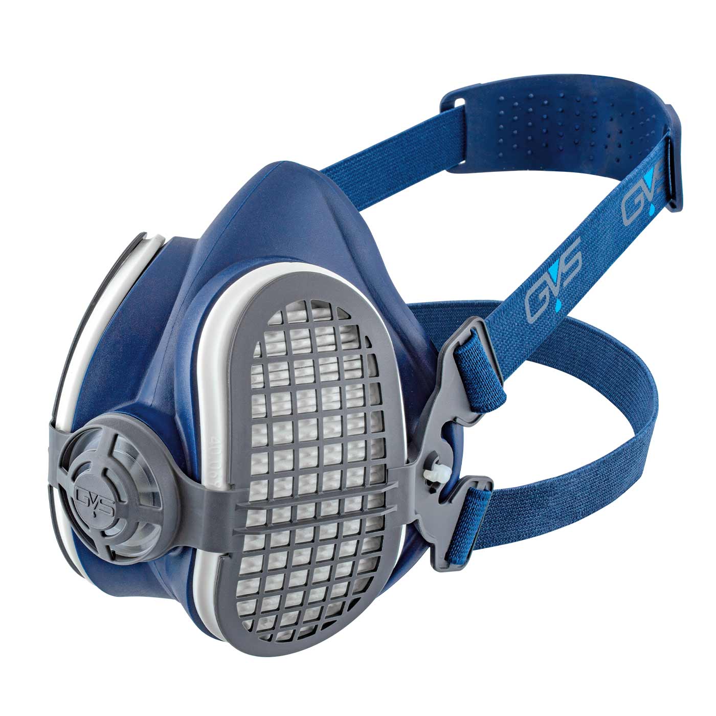 Elipse P3 RD Halbmaske in Dunkelblau mit grauer Gitterabdeckung und blauem Gurt mit GV-Logo