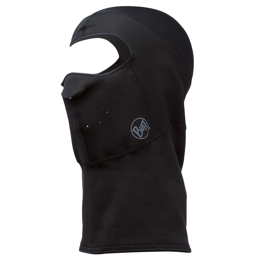 Balaclava Cross Tech von Buff in schwarz mit Öffnung für Augen und Mund, seitlich Logo sichtbar