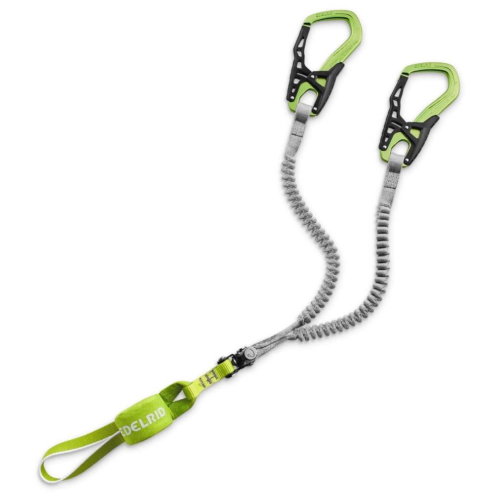 Kletterset Cable Comfort 6.0 mit zwei grünen und schwarzen Karabinern, grauen elastischen Seilen und grünem Textilband mit EDELRID-Logo