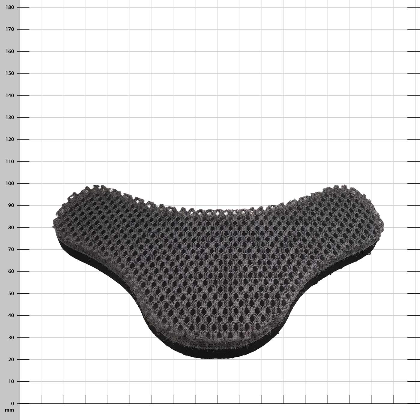 PROTOS® Nackenpolster extra dick in schwarzer Farbe mit einer Netzstruktur auf der Oberfläche, flach liegend vor weißem Hintergrund mit Rastermaß in Millimetern