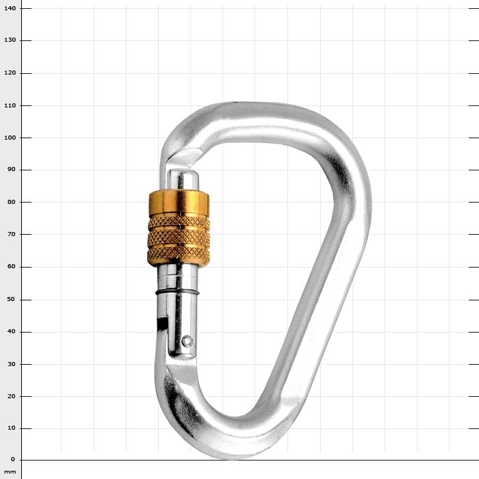 HMS-Steel Screw Karabiner aus Stahl mit silberner Oberfläche und goldfarbenem Schraubverschluss