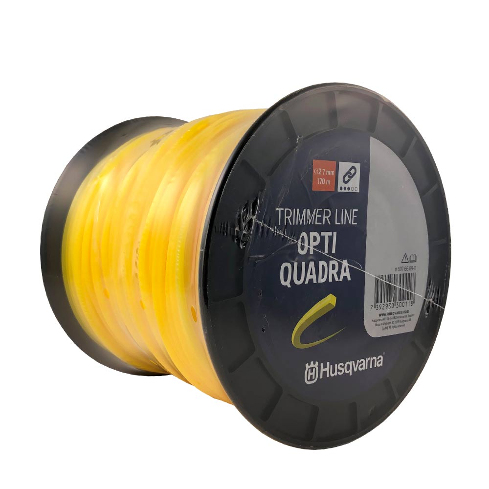 Spule mit gelber Fadenschnur, auf der schwarzen Seite steht "Trimmer Line Opti Quadra" und "Husqvarna"