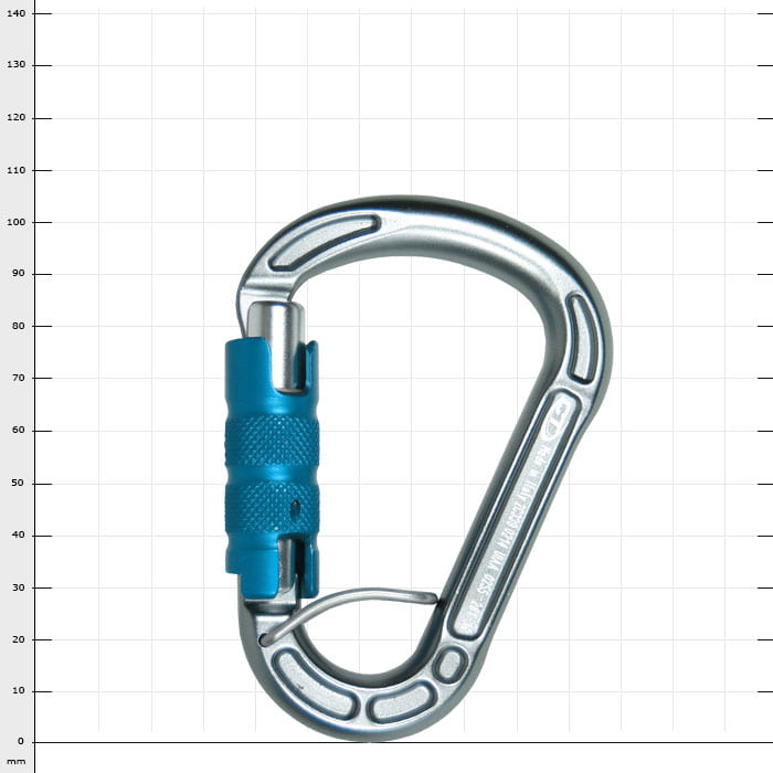 Cevedale Triplex Karabiner in silber mit blauem Schraubverschluss, geschlossen