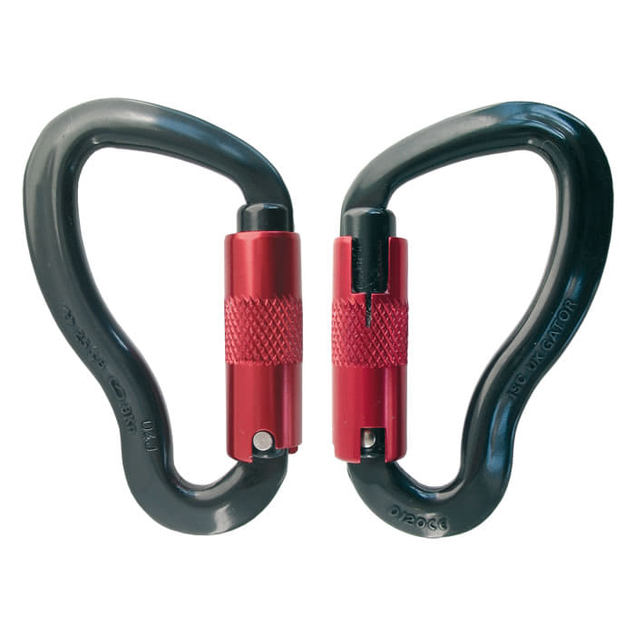 Zwei schwarze Karabiner mit rotem Schraubverschluss, Produktname Gator sichtbar