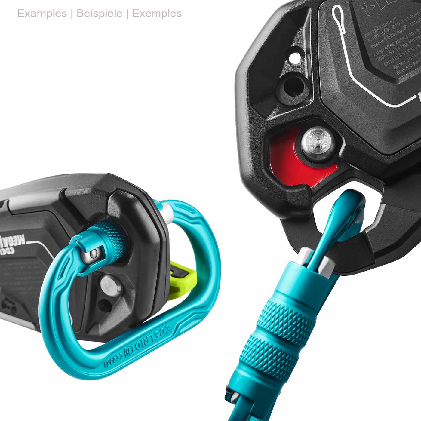 Nahaufnahme des Edelrid Megawatt Sicherungsgeräts mit blauem Seil, das durch eine Öffnung geführt wird, und sichtbarem Metallteil