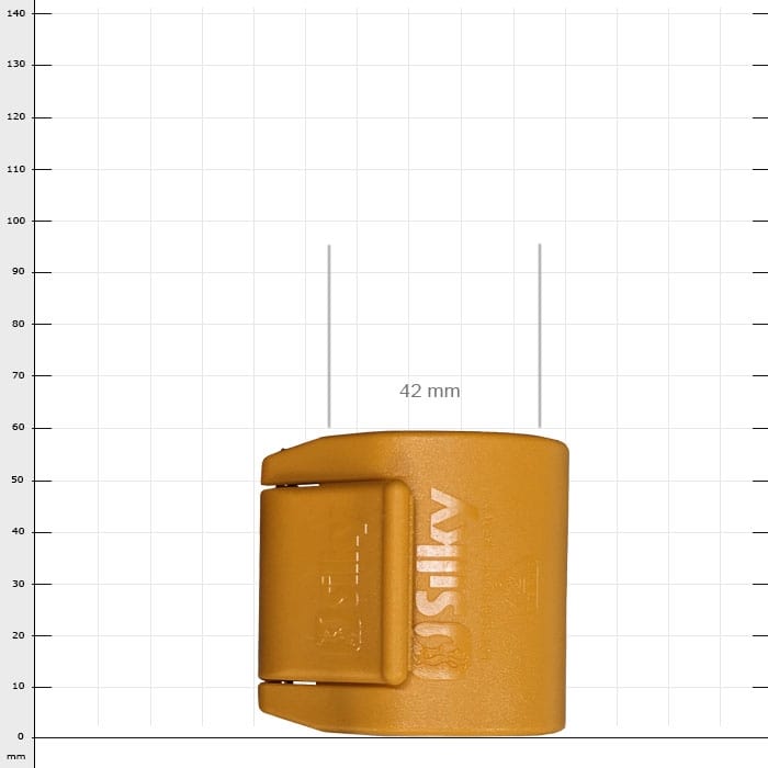 Hayate Klemmschelle mittel (D) in orange mit der Aufschrift "Silky" auf der Oberfläche, rechteckige Form mit einer Breite von 42 mm