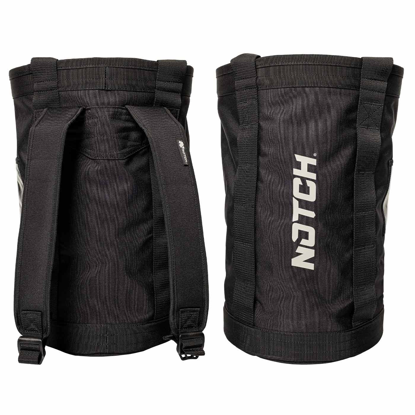 Pro 450 Bag, schwarze Tasche von Notch mit Rückseite und Vorderseite, zwei gepolsterte Schulterriemen und seitliches Logo sichtbar