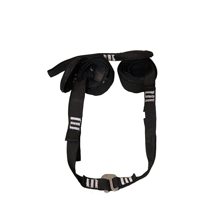 Relief Straps, schwarze Gurte mit weißen Markierungen und Metallverschluss, zusammengerollt