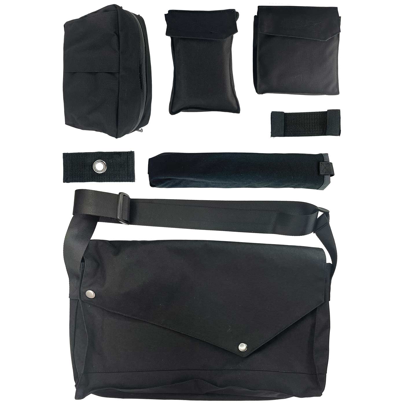 My Gear Vest Profi Set, schwarze Tasche mit Schultergurt und mehreren kleinen Taschen und Bändern, alle Teile liegen auf weißem Hintergrund