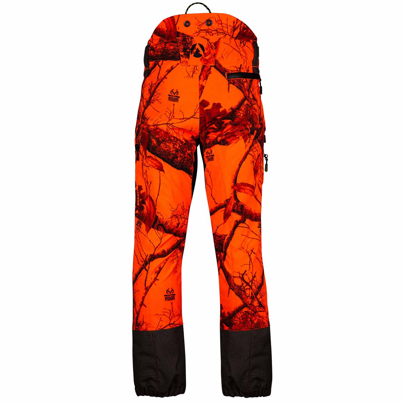 Breatheflex Pro Realtree Hose in Orange mit schwarzem Camouflage-Muster und schwarzen Knieverstärkungen, Rückansicht mit Logos auf den Oberschenkeln