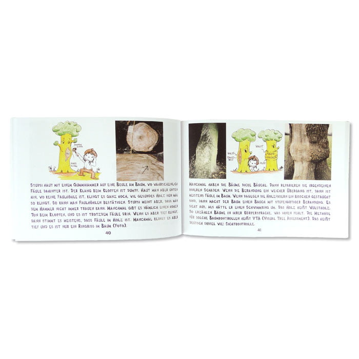 Stupsi erklärt den Baum, offene Buchseiten mit Text, zwei Baumzeichnungen mit Gesichtern und zwei Fotos von Baumstämmen, Seitenzahlen 40 und 41 sichtbar