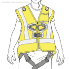 Newton Vest HI-VIZ Illustration einer Person, die eine gelbe Warnweste mit grauen Reflexstreifen und schwarzen Halterungen trägt, zusätzlich sind Gurte sichtbar
