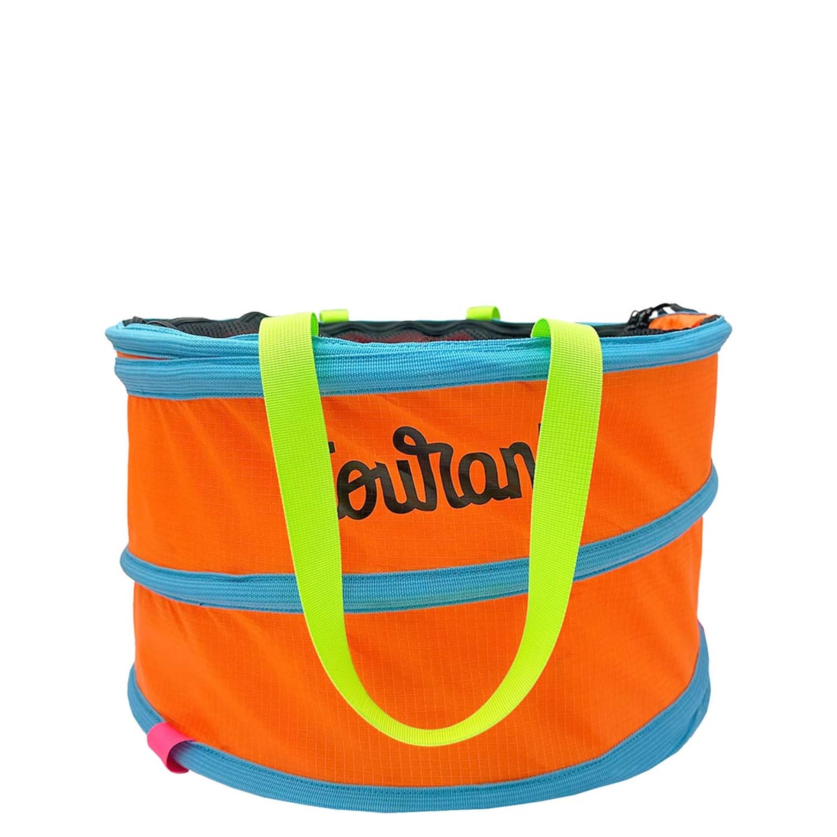 Pelican L Tasche in Orange mit blauen Rändern und gelben Tragegriffen