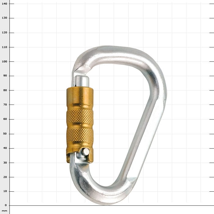 HMS-Steel Auto Karabinerhaken aus silbernem Metall mit goldfarbenem Verschlussmechanismus, Herstellername nicht sichtbar