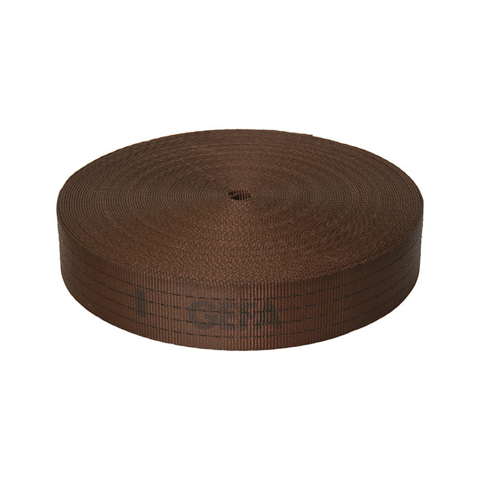 GEFA 10 t Gurtband XL braunes, aufgerolltes Gurtband mit schwarzer Schrift