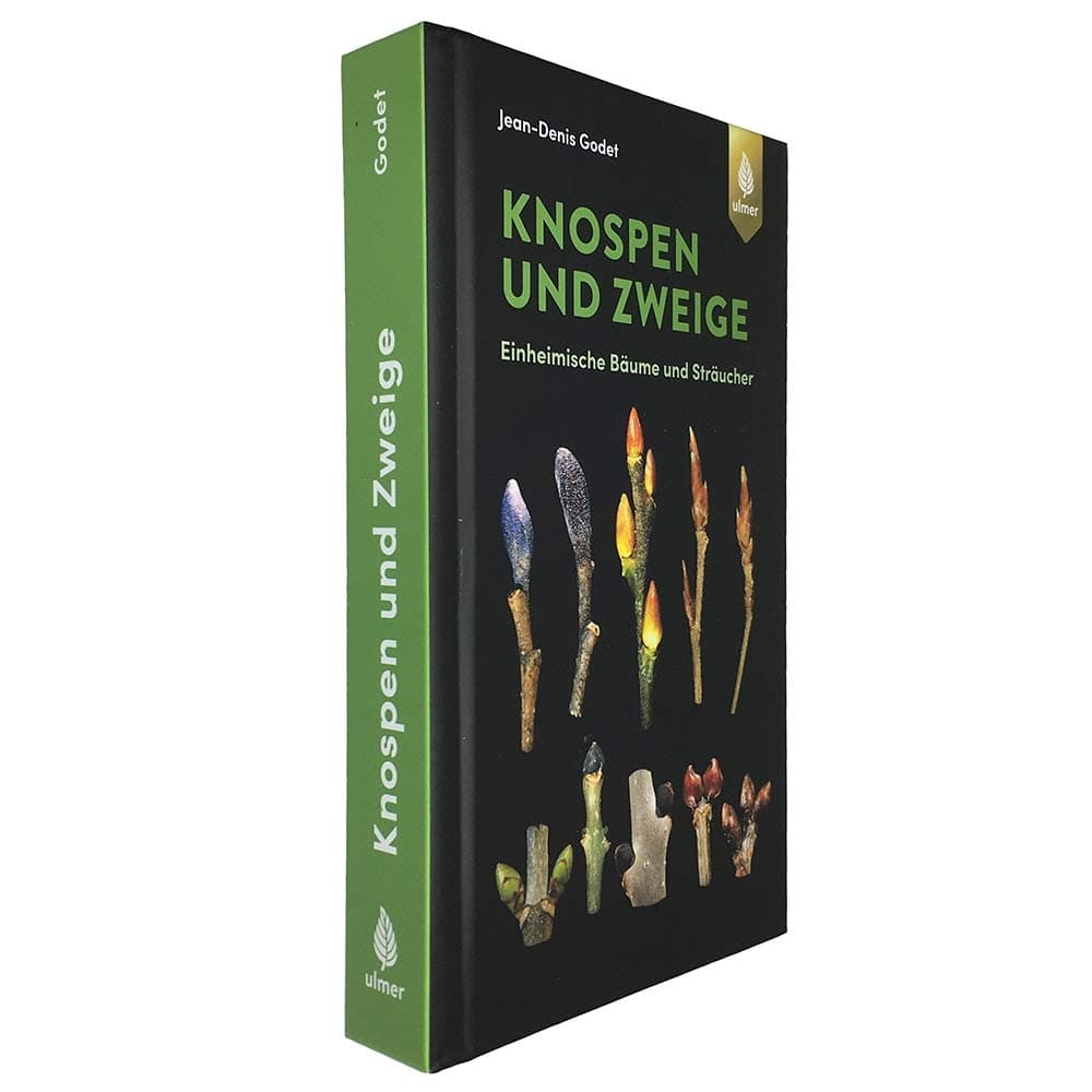 Knospen und Zweige von Jean-Denis Godet, Buch mit grünem Buchrücken, Titel in weißer Schrift auf dem Buchrücken, schwarzer Umschlag mit Abbildungen von Knospen und Zweigen, Verlag Ulmer unten am Buchrücken