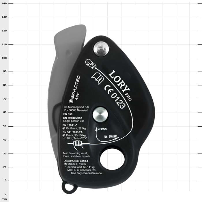 Seilrolle Lory Pro von Skylotec in Schwarz mit weißer Beschriftung und technischen Angaben auf der Vorderseite