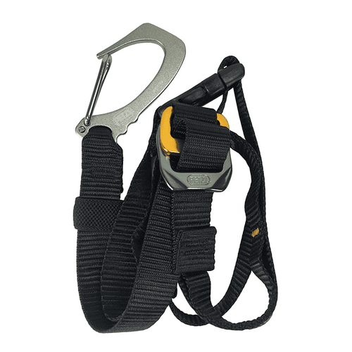 Knee Ascent Oberes Band, schwarzes Band mit silbernem Metallkarabiner und gelb-schwarzem Verschlussmechanismus